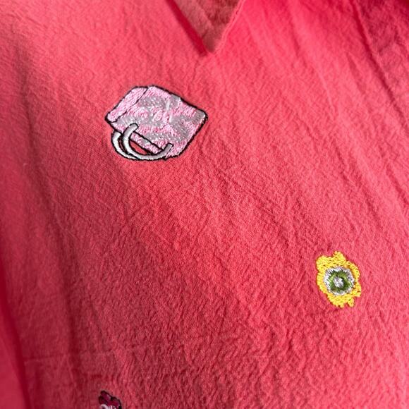 Vintage Coral Pink Embroidered Button-Up Shirt Whimsical Cotton Top Sz Large - Picture 8 of 14